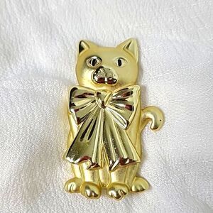 Vintage Cat Brooch with Large Bow, Gold Tone